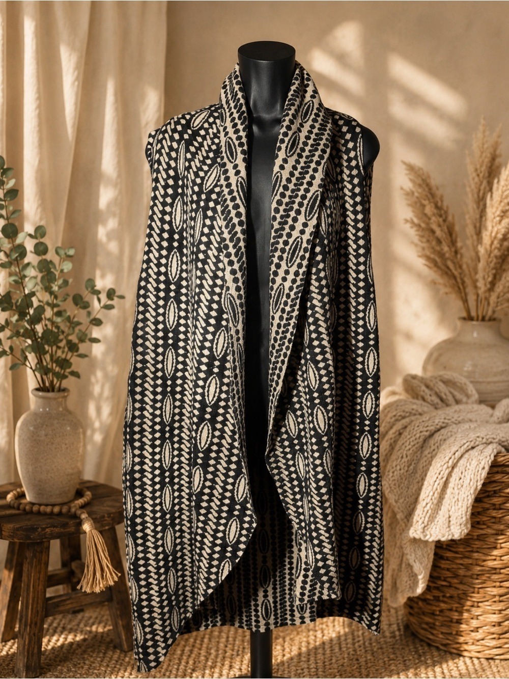 NWOT Moth for Anthropologie Wool-Blend Geometric Open Duster • Unisex Fit M–XL